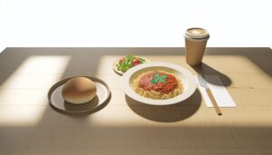 BASE FOODの完全栄養食パンとBASE PASTA（高タンパク低糖質パスタ）を朝食風に並べた食卓