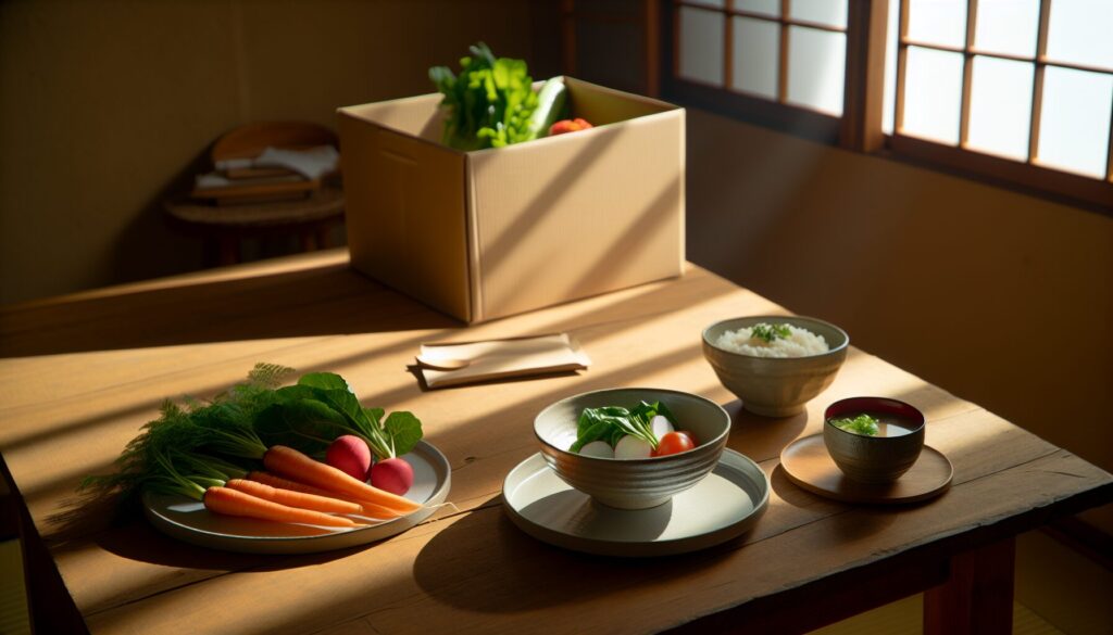 大地を守る会から届いた有機野菜の宅配ボックスと食卓に並べられた野菜料理