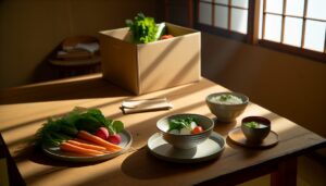 大地を守る会から届いた有機野菜の宅配ボックスと食卓に並べられた野菜料理