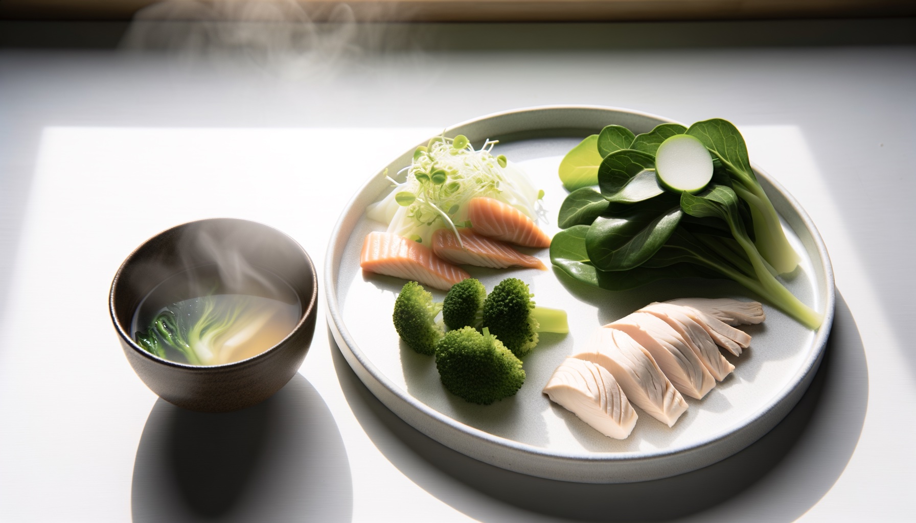 白い皿に盛られた蒸し鶏・鮭・野菜・味噌汁のリセット食