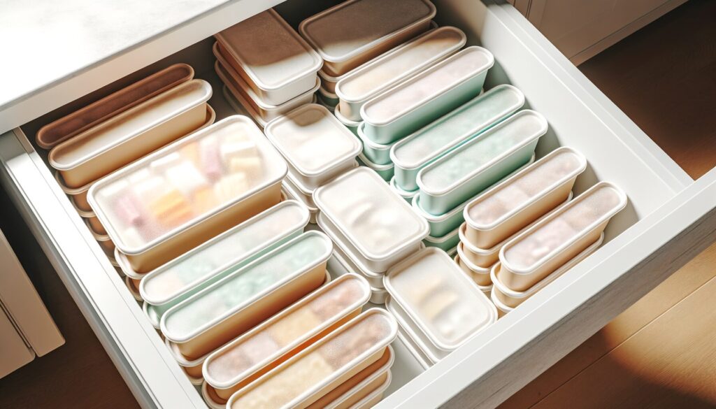 冷凍庫に整然と並ぶ冷凍宅食パッケージのリアルな写真