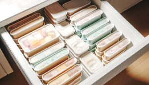 冷凍庫に整然と並ぶ冷凍宅食パッケージのリアルな写真