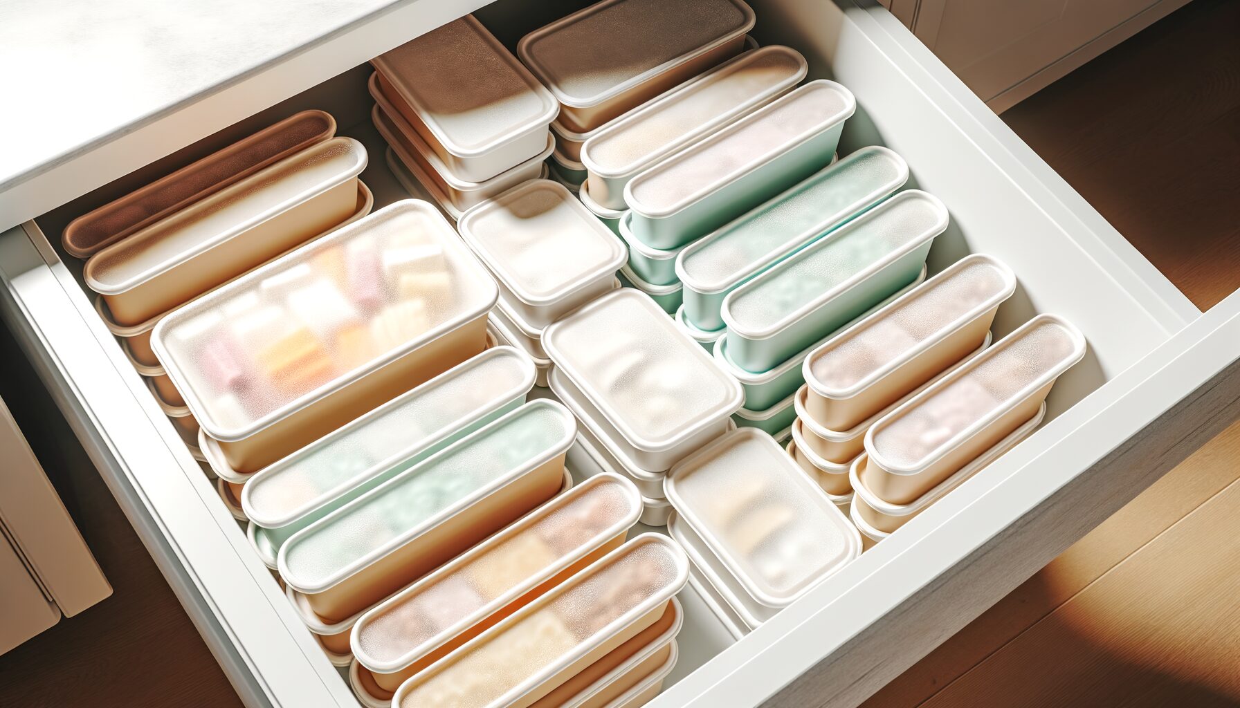 冷凍庫に整然と並ぶ冷凍宅食パッケージのリアルな写真