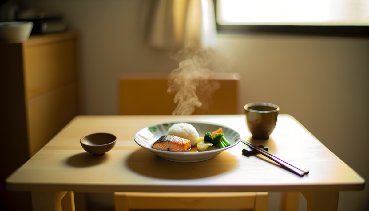 一人暮らしの小さな食卓に置かれた冷凍宅配弁当（湯気の立つ温かいおかずと白米）