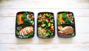高タンパク肉料理・カラフル野菜・栄養バランス食の3トレイを並べたヘルシー食事写真