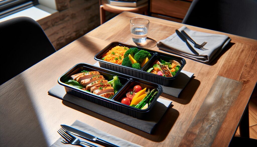 宅配弁当2ブランドを食卓に並べて比較するイメージ、高タンパク弁当とバランス弁当