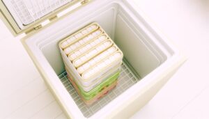 コンパクトな家庭用冷凍庫に薄型冷凍弁当が空間効率良く並ぶリアル写真