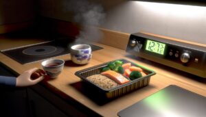 夜勤・シフトワーカー向け冷凍宅食を温かい光のキッチンで温める深夜食シーンのイメージ