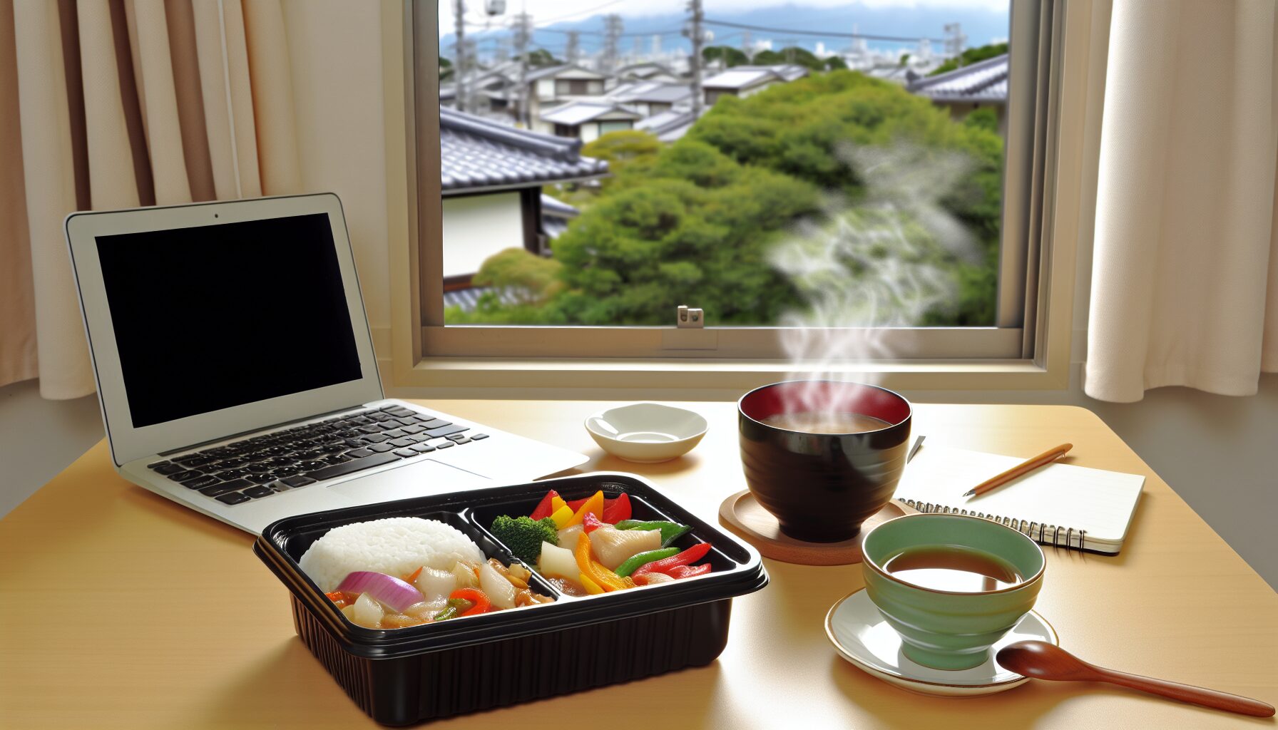 在宅ワーカーがレンジで温めた宅食弁当を昼食にとっているデスクのイメージ