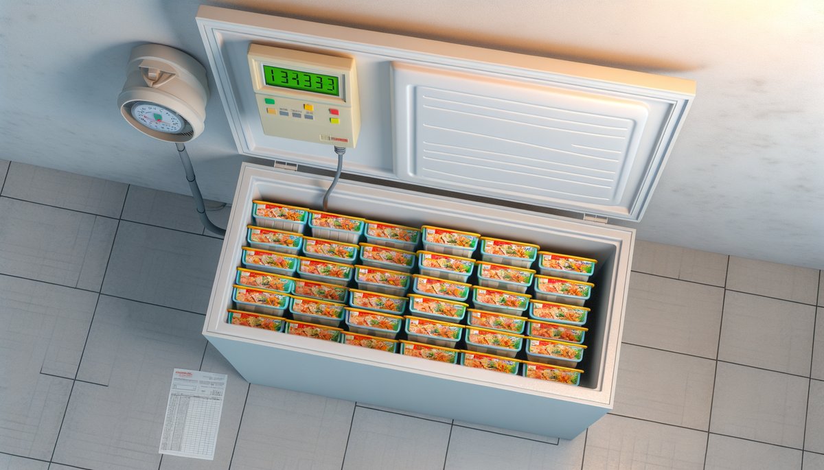 満杯の冷凍庫と電気メーター・電気料金請求書の俯瞰写真・冷凍宅食コスト評価イメージ