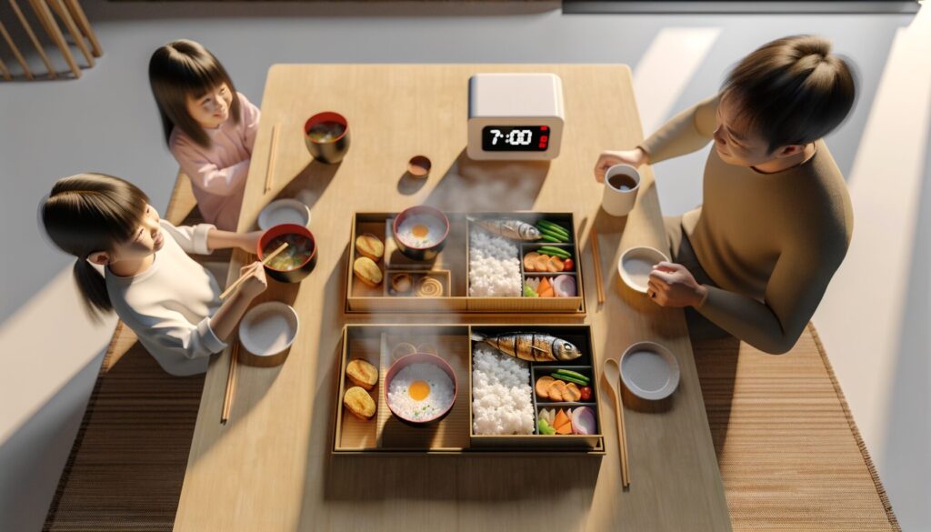 共働き家庭の平日朝、冷凍宅食を使った時短朝食イメージ