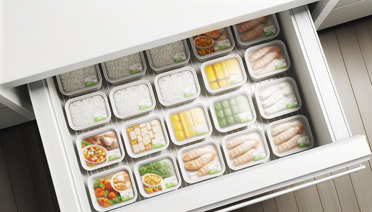 冷凍庫に整理されて並ぶ複数社の冷凍宅食容器の俯瞰写真・防災備蓄イメージ