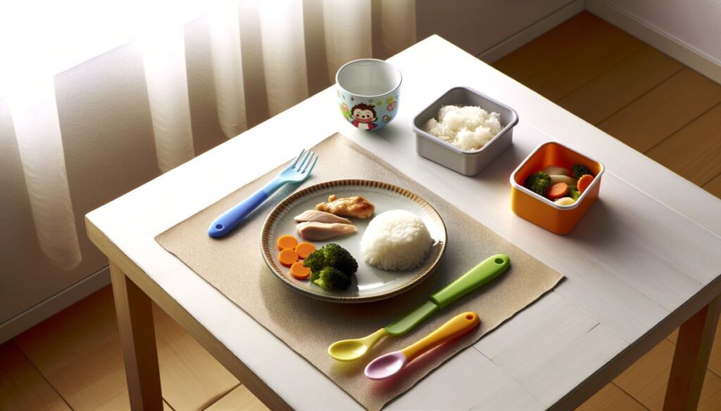 子ども用の食卓に並ぶ冷凍宅食と取り分け食事の俯瞰写真・年齢別おすすめイメージ