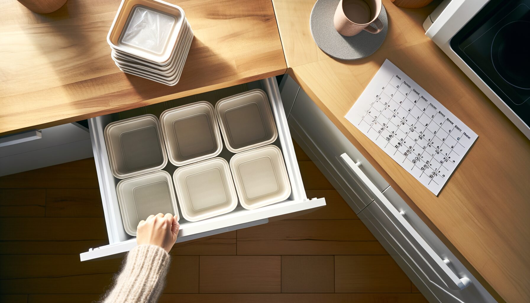 整理された冷凍庫と空になった宅食容器を片付けるシーン｜冷凍宅食の解約・休止イメージ