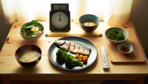 冷凍宅食をダイエット用途で使う家庭の食卓イメージ・低カロリー主菜と副菜と計量器具