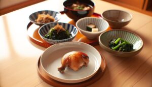自炊の主菜と冷凍宅食の副菜を組み合わせた家庭の食卓