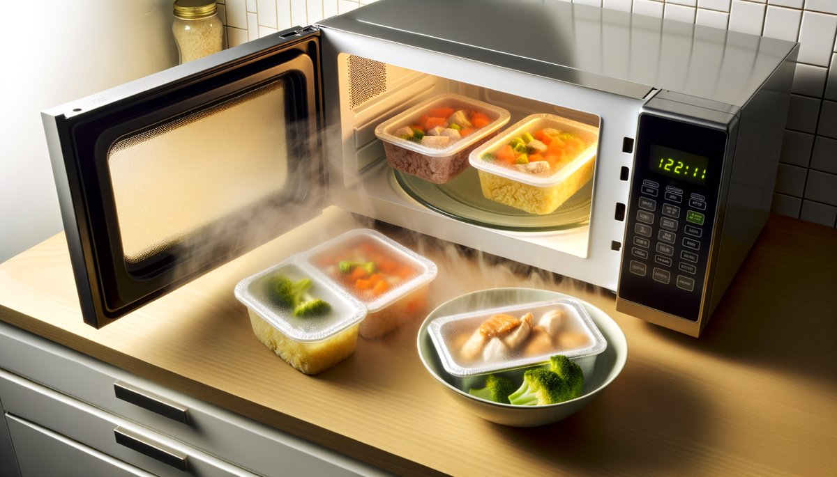 電子レンジで温める冷凍宅食・湯せん中の袋商品・自然解凍中の冷凍宅食を並べた俯瞰写真