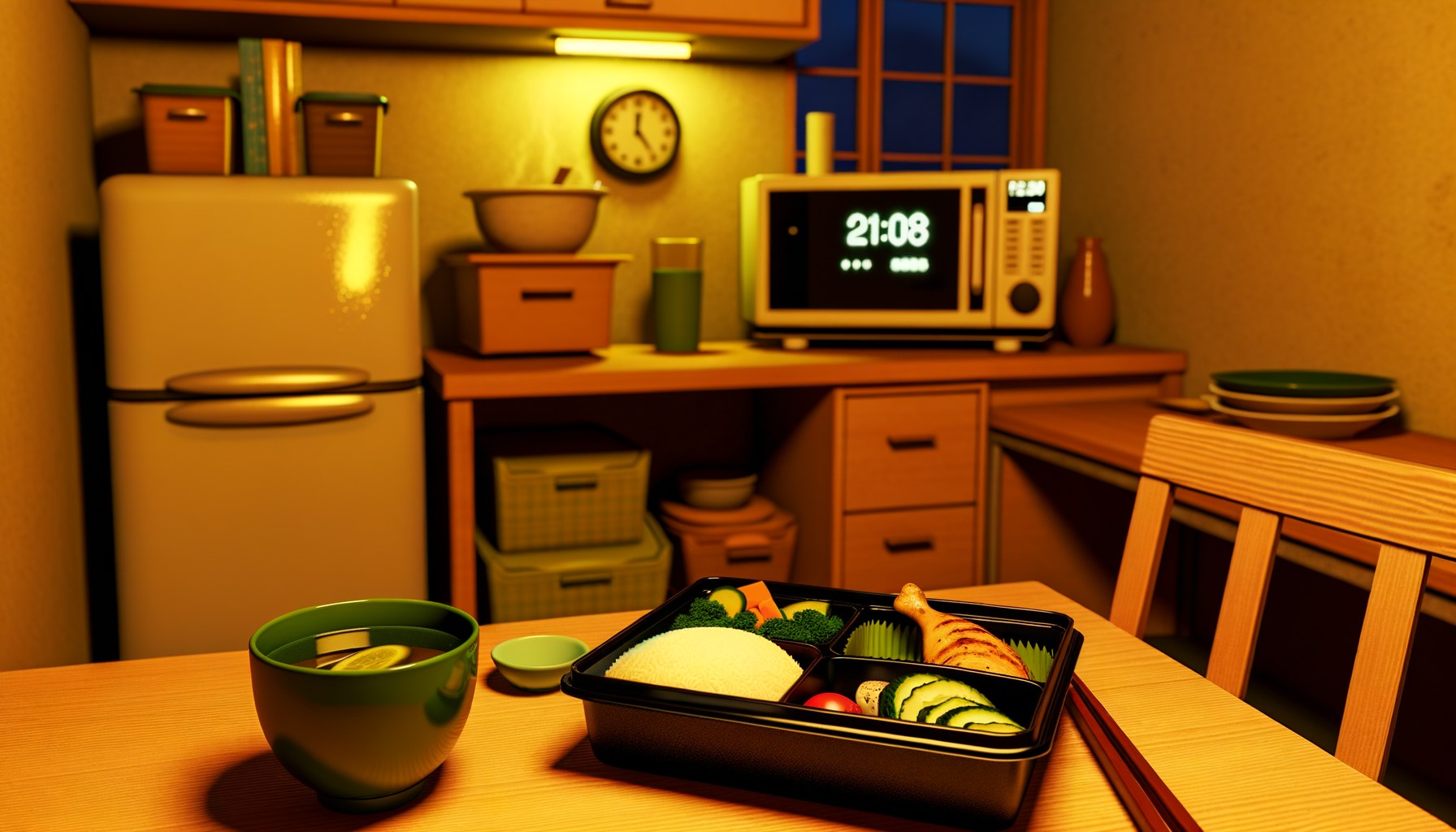 夜21時過ぎの自宅キッチンで温め終えた冷凍宅食のお弁当が湯気を立てている食卓写真