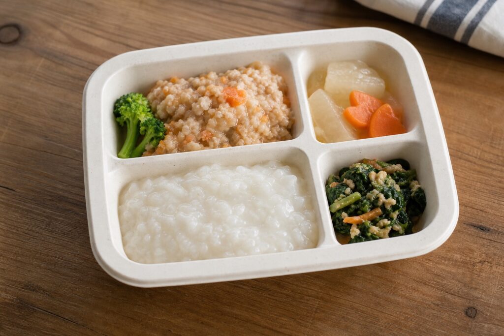 シニア向け宅配弁当の柔らかい食事・温色の自然光撮影イメージ